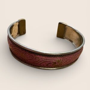 Vintage Hmong Miao Silver Cuff Bracelet Pink Floral Etched Boho